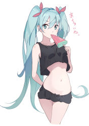 Rule 34 | 1girl, arm behind back, bare arms, bare shoulders, black bow, black shorts, black tank top, blue hair, bow, collarbone, commentary request, crop top, food, green eyes, hair ribbon, hatsune miku, highres, holding, holding food, kodamazon, long hair, midriff, navel, popsicle, red ribbon, ribbon, short shorts, shorts, simple background, solo, tank top, twintails, very long hair, vocaloid, watermelon bar, white background