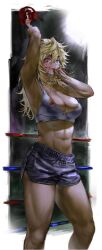 Rule 34 | 1girl, arm up, blonde hair, blood, blood on clothes, blood on face, blood on hands, boxing gloves, breasts, cleavage, dark-skinned female, dark skin, gyaru, heavenmole, highres, long hair, medium breasts, messy hair, multicolored hair, original, shorts, solo, sports bra, two-tone hair, wiping blood