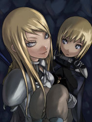 Rule 34 | 00s, 2girls, :o, armor, armored dress, black dress, blonde hair, blue eyes, clare (claymore), claymore (series), closed mouth, dress, galatea, lips, looking to the side, multiple girls, parted lips, short hair, shoulder pads, smirk, tea (nakenashi), upper body