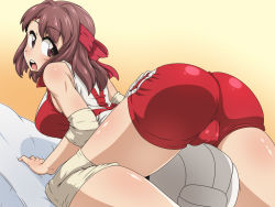 Rule 34 | 10s, 1girl, all fours, ass, ball, bare shoulders, blush, breasts, brown eyes, brown hair, cameltoe, elbow pads, from behind, girls und panzer, gym uniform, headband, huge ass, kani club, knee pads, kondou taeko, large breasts, long hair, looking back, open mouth, shiny clothes, shiny skin, shorts, solo, sportswear, straddling, tongue, uniform, volleyball (object), volleyball uniform