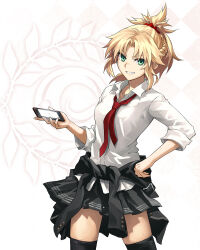 1girl black_jacket black_skirt black_thighhighs blonde_hair braid breasts cellphone clothes_around_waist collared_shirt fate/apocrypha fate/grand_order fate_(series) green_eyes grin highres jacket jacket_around_waist konoe_ototsugu long_hair looking_at_viewer mordred_(fate) mordred_(fate/apocrypha) necktie parted_bangs phone ponytail shirt sidelocks skirt sleeves_rolled_up small_breasts smile solo thighhighs thighs white_shirt