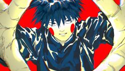 Rule 34 | 1boy, absurdres, black hair, blush stickers, ekubo (mob psycho 100), gakuran, hair over eyes, hands up, highres, kageyama ritsu, long sleeves, male focus, mob psycho 100, neige404, outstretched arms, reaching, reaching towards viewer, red background, school uniform, short hair, simple background, smile, solo, upper body
