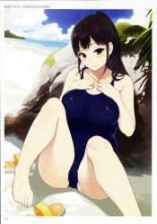 Rule 34 | 1girl, absurdres, artist name, bare arms, bare legs, bare shoulders, barefoot, beach, blue one-piece swimsuit, blue sky, blush, breasts, brown eyes, brown hair, circle name, cleavage, closed mouth, cloud, collarbone, day, feet, flip-flops, hands on own chest, hands up, highres, horizon, knees up, large breasts, long hair, looking at viewer, moss, ocean, one-piece swimsuit, outdoors, ponytail, rock, sand, sandals, unworn sandals, sasamori tomoe, scan, school swimsuit, shiny clothes, sitting, skirt, sky, solo, swimsuit, toenails, toes, toranoana, tree, water, wet