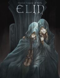 Rule 34 | 1boy, 1girl, artist request, blonde hair, character request, cloak, closed mouth, commentary, copyright name, elin (game), english commentary, feet out of frame, hands on another&#039;s shoulders, highres, hood, hood up, hooded cloak, looking at viewer, official art, sitting, sitting on throne, smile, throne