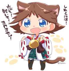 Rule 34 | 10s, 1girl, :d, animal ears, bare shoulders, black pantyhose, blue eyes, brown hair, cat ears, cat tail, chibi, detached sleeves, fang, green skirt, hiei (kancolle), kantai collection, kemonomimi mode, nontraditional miko, open mouth, pantyhose, ribbon-trimmed sleeves, ribbon trim, short hair, simple background, skirt, smile, solo, tail, thighhighs, translation request, tsukko (3ki2ne10), twitter username, wide sleeves
