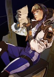 Rule 34 | 1girl, absurdres, apex legends, black gloves, blue eyes, bodysuit, brown hair, character name, crying, crying with eyes open, gloves, head tilt, highres, holding, holding paper, hood, hood down, hooded bodysuit, hooded jacket, jacket, lenjor, paper, purple bodysuit, purple headwear, reading, sitting, solo, tears, wattson (apex legends), white jacket