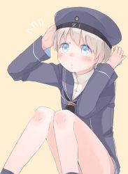 Rule 34 | 10s, 1girl, adjusting clothes, adjusting headwear, blue eyes, blush, clothes writing, commentary, dress, hat, highres, kantai collection, knees up, military, military hat, military uniform, sailor dress, sailor hat, short hair, silver hair, simple background, sitting, solo, suppaman (rfjy), thighs, uniform, z1 leberecht maass (kancolle)