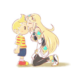 Rule 34 | 1boy, 1girl, age difference, blonde hair, blush, breasts, character age, closed eyes, earrings, full body, jewelry, kiss, kneeling, long hair, lucas (mother 3), mother (game), mother 3, mythra (massive melee) (xenoblade), mythra (xenoblade), nintendo, pantyhose, shorts, sidelocks, super smash bros., xenoblade chronicles (series), xenoblade chronicles 2
