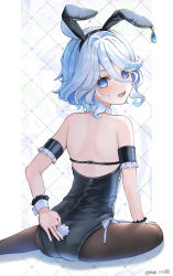 Rule 34 | 1girl, absurdres, alternate costume, animal ears, arm behind back, arm garter, bare back, bare shoulders, black leotard, black pantyhose, blue eyes, blue hair, blush, commentary request, detached collar, fake animal ears, fake tail, fang, from behind, furina (genshin impact), genshin impact, hair intakes, heterochromia, highres, leotard, looking at viewer, looking back, lower teeth only, mokankan, pantyhose, playboy bunny, rabbit ears, rabbit tail, short hair, skin fang, solo, sweatdrop, symbol-shaped pupils, tail, teeth, twitter username, wrist cuffs
