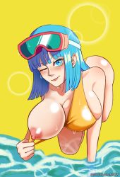 Rule 34 | 1girl, absurdres, all fours, alternate breast size, arm support, artist request, ass, bare legs, bare shoulders, blue eyes, blue hair, blush, breasts, cleavage, curvy, dragon ball, dragonball z, female focus, highleg, highleg swimsuit, highres, large breasts, lips, long hair, looking at viewer, maron (dragon ball), matching hair/eyes, nipples, one-piece swimsuit, one breast out, one eye closed, shiny skin, simple background, sleeveless, smile, solo, swimsuit, thighs, transparent background, twitter username, water, wide hips, wink, yellow one-piece swimsuit
