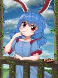 Rule 34 | 1girl, animal ears, arm rest, arm up, bad id, bad pixiv id, blue dress, blue hair, blue sky, blush, cloud, collarbone, commentary, dango, day, dress, food, hand on own face, head tilt, highres, holding, holding skewer, ivy, kayon (touzoku), light blush, looking at viewer, low twintails, outdoors, plant, plate, puffy short sleeves, puffy sleeves, rabbit ears, railing, red eyes, seiran (touhou), short hair, short sleeves, skewer, sky, smile, solo, symbol-only commentary, touhou, twintails, wagashi