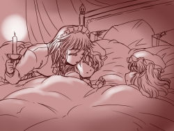 Rule 34 | 3girls, bed, blanket, braid, candle, candlestand, kissing cheek, closed eyes, female focus, flandre scarlet, gift, hat, izayoi sakuya, kisaragi ryou (sougetsu-tei), kiss, maid, mob cap, monochrome, multiple girls, night cap, pillow, pointy ears, remilia scarlet, siblings, sisters, sleeping, touhou, twin braids, under covers