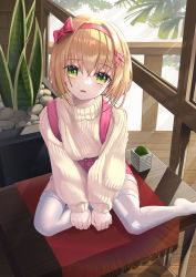 Rule 34 | 1girl, absurdres, blonde hair, bow, brown sweater, commentary request, green eyes, hair between eyes, hair bow, hair ornament, hairband, hairclip, hallo (rltkdydrltk), highres, looking at viewer, no shoes, original, parted lips, pink shorts, plant, potted plant, red bow, red hairband, ribbed sweater, short hair, short shorts, shorts, sitting, solo, suspender shorts, suspenders, sweater, thighhighs, white thighhighs, x hair ornament, yokozuwari