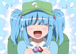 Rule 34 | 1girl, ^ ^, backpack, bag, blue hair, blush, closed eyes, closed eyes, fang, female focus, kawashiro nitori, open mouth, shirosato, smile, solo, touhou, twintails, two side up, upper body