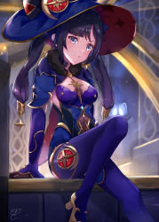 Rule 34 | 1girl, 310setsu, absurdres, aqua eyes, black gloves, blue hat, breasts, capelet, commentary, detached sleeves, fur collar, genshin impact, gloves, hat, high heels, highres, long hair, long sleeves, looking at viewer, mona (genshin impact), mona (pact of stars and moon) (genshin impact), official alternate costume, parted lips, purple hair, purple thighhighs, signature, sitting, small breasts, solo, thighhighs, twintails, witch hat, yellow footwear, zettai ryouiki