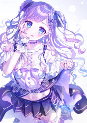Rule 34 | 1girl, absurdres, black skirt, blue eyes, blue hair, blush, breasts, choker, clothes pull, gradient hair, heart, heart choker, highres, indie virtual youtuber, kappe reeka, looking at viewer, looking up, mole, mole under eye, multicolored hair, navel, official art, purple hair, skirt, skirt pull, small breasts, solo, thigh strap, thighhighs, tongue, tongue out, two side up, virtual youtuber, yumeri mery