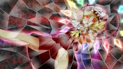 Rule 34 | 1girl, arm up, ascot, aura, blonde hair, broken glass, fang, female focus, flandre scarlet, foreshortening, glass, glowing, glowing eyes, gradient background, hand on own head, hat, highres, index finger raised, mob cap, open mouth, red eyes, shards, short hair, side ponytail, skirt, skirt set, solo, touhou, wings, yuzutei