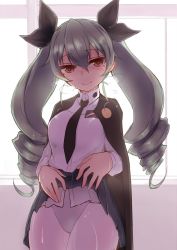 Rule 34 | 10s, 1girl, akitsuchi shien, anchovy (girls und panzer), anzio school uniform, backlighting, bad id, bad twitter id, belt, black belt, black cape, black necktie, black ribbon, black skirt, blush, breath, cape, closed mouth, clothes lift, commentary request, cowboy shot, dress shirt, drill hair, emblem, girls und panzer, green hair, hair ribbon, highres, lifting own clothes, long hair, long sleeves, looking at viewer, miniskirt, necktie, pantyhose, pantyhose over swimsuit, pleated skirt, red eyes, ribbon, school uniform, shirt, skirt, skirt lift, smile, solo, standing, sweat, swimsuit, swimsuit under clothes, twin drills, twintails, white pantyhose, white shirt, window