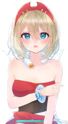 Rule 34 | 1girl, absurdres, bare shoulders, blonde hair, blue eyes, blush, bracelet, breasts, cleavage, commentary, creatures (company), game freak, hair between eyes, hairband, highres, holding own arm, irida (pokemon), jewelry, looking at viewer, medium breasts, neck ring, nintendo, open mouth, pokemon, pokemon legends: arceus, red hairband, short hair, simple background, sleeveless, solo, strapless, tsuyuri eri, upper body, waist cape, white background