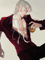 Rule 34 | 1boy, alcohol, artist name, black pants, closed mouth, commentary, cowboy shot, drink, facial mark, fingernails, forehead mark, grey background, hair over one eye, highres, holding, holding drink, inuyasha, long hair, looking at viewer, male focus, mmmilk, nipples, one eye covered, open clothes, open shirt, pants, pectoral cleavage, pectorals, pointy ears, red shirt, sesshoumaru, sharp fingernails, shirt, sitting, whisker markings, whiskey, white hair