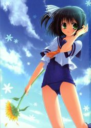 Rule 34 | 1girl, black hair, blue one-piece swimsuit, blush, bow, breasts, cloud, collarbone, everyday lovelyday, flower, green eyes, hair bow, hazumi rio, holding, lens flare, looking at viewer, one-piece swimsuit, open mouth, ponytail, school swimsuit, school uniform, shirt, short hair, short sleeves, side ponytail, sky, small breasts, standing, swimsuit, white shirt