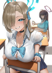 2girls absurdres ahoge aqua_bow aqua_bowtie aqua_cardigan aqua_ribbon asuna_(blue_archive) asymmetrical_bangs black_choker black_hair blue_archive blush bow bowtie breasts brown_hair button_gap cardigan chair choker cleavage commentary dark-skinned_female dark_skin desk gyaru hair_over_one_eye hair_ribbon halo highres karin_(blue_archive) kogal large_breasts loose_bowtie miniskirt mole mole_on_breast multiple_girls one_eye_covered ribbon school_chair school_desk school_uniform scrunchie sitting skirt smile solo_focus sunkilow wrist_scrunchie