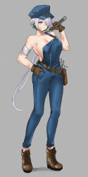 Rule 34 | 1girl, :o, absurdres, alternate costume, bandaged arm, bandages, belt, belt pouch, blue eyes, blue hat, blue overalls, blue pants, breasts, brid (nikke), brown footwear, brown gloves, colored inner hair, cross-laced footwear, denim, dirty, full body, gloves, goddess of victory: nikke, green hair, grey background, grey hair, hair over one eye, hand in pocket, hat, highres, holding, holding wrench, huge breasts, long hair, low-tied long hair, multicolored hair, no bra, overalls, pants, parted lips, pinepin, pouch, sideboob, simple background, solo, standing, striped clothes, striped headwear, suspenders, third-party source, two-tone hair, utility belt, wrench