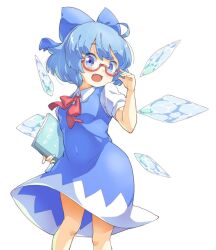 Rule 34 | 1girl, blue dress, blue eyes, blue hair, book, bow, bowtie, breasts, cirno, collared shirt, covered navel, dress, feet out of frame, holding, holding book, ice, ice wings, impossible clothes, iosys, looking at viewer, open mouth, pinafore dress, red-framed eyewear, semi-rimless eyewear, shirt, short hair, simple background, sleeveless, sleeveless dress, small breasts, solo, tanasuke, touhou, white background, white shirt, wings
