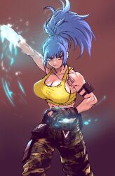Rule 34 | 1girl, abs, absurdres, arm pouch, biceps, blue eyes, blue hair, boots, breasts, camouflage, camouflage pants, cargo pants, cleavage, combat boots, crop top, dog tags, earrings, gloves, highres, jewelry, large breasts, leona heidern, muscular, muscular female, pants, pixel art, pixelated, ponytail, sleeveless, soldier, solo, spoiledmuffin, tank top, the king of fighters, the king of fighters xv, triangle earrings, yellow tank top