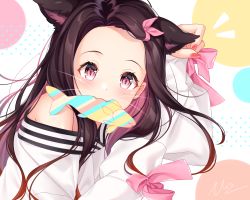Rule 34 | 1girl, alternate costume, animal ears, bare shoulders, blush, cat ears, cat girl, commentary request, face, fangs, fish, hair ribbon, highres, in mouth, japanese clothes, kamado nezuko, kimetsu no yaiba, kimono, looking at viewer, nail polish, pink eyes, pink nails, pink ribbon, ribbon, signature, sleeves past wrists, slit pupils, solo, uosaasou, white kimono