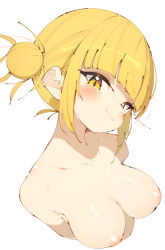 Rule 34 | 1girl, arms at sides, blonde hair, blunt bangs, blush, boku no hero academia, breasts, closed mouth, collarbone, completely nude, cropped torso, double bun, hair bun, highres, light smile, looking at viewer, medium breasts, messy hair, nipples, nude, rasusurasu, short hair with long locks, sidelocks, simple background, solo, straight hair, toga himiko, upper body, white background, yellow eyes