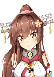 Rule 34 | 10s, 1girl, brown eyes, brown hair, detached sleeves, flower, hair flower, hair ornament, high ponytail, highres, kantai collection, long hair, looking at viewer, pink flower, portrait, simple background, smile, solo, sylphine, white background, yamato (kancolle)