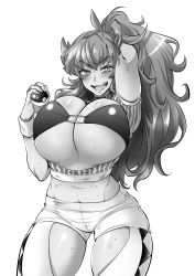 Rule 34 | 1girl, arms behind head, blush, breasts, clothing cutout, cowboy shot, creatures (company), game freak, genderswap, genderswap (mtf), greyscale, highres, large breasts, leon (pokemon), long hair, looking at viewer, marimo (yousei ranbu), midriff, monochrome, nintendo, o-ring, o-ring top, open mouth, poke ball, poke ball (basic), pokemon, pokemon swsh, ponytail, short sleeves, shorts, simple background, smile, solo, sweat, teeth, thigh cutout, tongue, white background, wristband