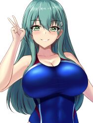 Rule 34 | 1girl, aqua eyes, aqua hair, blue one-piece swimsuit, blush, breasts, competition swimsuit, covered navel, hair between eyes, hair ornament, hairclip, highres, kantai collection, large breasts, long hair, looking at viewer, montemasa, one-piece swimsuit, simple background, solo, suzuya (kancolle), swimsuit, two-tone swimsuit, upper body, v, white background