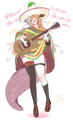 Rule 34 | 1girl, acoustic guitar, alternate costume, asymmetrical legwear, black jacket, black thighhighs, blonde hair, blunt bangs, bow, braid, breasts, brown footwear, checkered clothes, checkered legwear, closed eyes, commentary request, diagonal-striped bow, dragon girl, dragon horns, dragon tail, fang, full body, guitar, hat, highres, hololive, horn bow, horn ornament, horns, instrument, isuka, italian text, jacket, kiryu coco, large breasts, long hair, lyrics, miniskirt, multicolored clothes, multicolored hair, music, musical note, open mouth, orange hair, playing instrument, pleated skirt, pointy ears, poncho, red skirt, red socks, shoes, side-tie skirt, signature, simple background, singing, single braid, single thighhigh, skin fang, skirt, socks, solo, sombrero, standing, streaked hair, striped, striped bow, tail, thigh strap, thighhighs, uneven legwear, virtual youtuber, white background