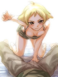 Rule 34 | 10s, 1boy, 1girl, bad id, bad pixiv id, blonde hair, blush, breasts, brown eyes, camisole, cleavage, downblouse, erwin (girls und panzer), girls und panzer, rinoko, short hair, short shorts, shorts, small breasts, smile