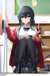 Rule 34 | 1girl, ahoge, armband, ass, azur lane, black bow, black bowtie, black footwear, black hair, black pantyhose, black skirt, book, bow, bowtie, breasts, chair, chalkboard, classroom, collared shirt, commentary, crossed bangs, cupboard, desk, full body, hair between eyes, hand up, highres, holding, holding book, indoors, jacket, large breasts, long hair, long sleeves, looking at viewer, manjuu (azur lane), off shoulder, official alternate costume, open clothes, open jacket, pantyhose, parted lips, qing wu, red eyes, red jacket, school chair, school desk, school uniform, shadow, shirt, shoes, sidelocks, skirt, solo, squatting, taihou (azur lane), taihou (sweet time after school) (azur lane), thighband pantyhose, very long hair, white shirt, yellow armband