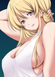 Rule 34 | 1girl, arm behind head, arm up, bare shoulders, blonde hair, blue background, breasts, cleavage, commentary request, gradient background, hair between eyes, head tilt, highres, large breasts, looking at viewer, no headwear, nori tamago, parted lips, purple eyes, shirt, short hair, sideboob, smile, solo, sweat, tank top, touhou, upper body, white shirt, yakumo yukari