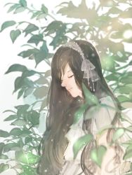 Rule 34 | 1girl, asuta (syunsn), bad id, bad twitter id, black hair, closed mouth, commentary request, dress, closed eyes, leaf, long hair, original, short sleeves, solo, very long hair, white dress