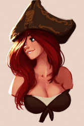 Rule 34 | 1girl, bare shoulders, breasts, cleavage, green eyes, grin, hair over one eye, hat, highres, large breasts, league of legends, long hair, looking to the side, pirate hat, raichiyo33, red hair, miss fortune (league of legends), smile, solo, teeth, upper body