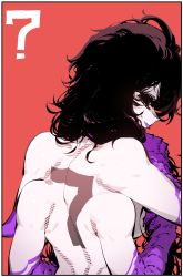Rule 34 | 1girl, ?, back, back tattoo, bibian (player), black eyes, black hair, border, breasts, closed mouth, copyright request, extra arms, from behind, highres, large breasts, lipstick, looking at viewer, looking back, makeup, nude, player (webtoon), purple lips, red background, smile, solo, ssambatea, tattoo, upper body, white border