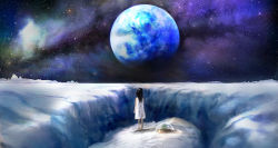 Rule 34 | 00, 1girl, barefoot, black hair, blurry, commentary, dress, earth (planet), from behind, galaxy, highres, horizon, long hair, looking afar, moon, on moon, original, planet, plant, scenery, sleeveless, sleeveless dress, solo, space, surreal, white dress
