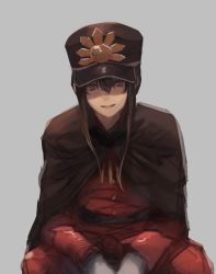 Rule 34 | 1boy, belt, black cape, black hair, black hat, buttons, cape, family crest, fate/grand order, fate (series), gloves, hat, highres, jacket, jewelry, koha-ace, kouzuki kei, long hair, long sleeves, looking at viewer, necklace, oda nobukatsu (fate), oda nobunaga (fate), oda uri, open mouth, pants, peaked cap, ponytail, red eyes, red jacket, red pants, sidelocks, sitting, smile, solo, very long hair, white gloves