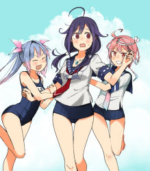 Rule 34 | 3girls, @ @, adapted costume, ahoge, animal print, annin musou, blue hair, blue one-piece swimsuit, blue sailor collar, closed eyes, commentary request, cowboy shot, fang, fish print, grin, hair flaps, hair ornament, hair ribbon, i-19 (kancolle), i-58 (kancolle), kantai collection, long hair, low twintails, multiple girls, name tag, neckerchief, no pants, one-piece swimsuit, pink hair, purple hair, red eyes, red neckerchief, ribbon, sailor collar, sailor shirt, school swimsuit, school uniform, serafuku, shirt, short hair, smile, swimsuit, swimsuit under clothes, taigei (jmsdf), taigei (kancolle), thigh gap, tri tails, twintails, whale print