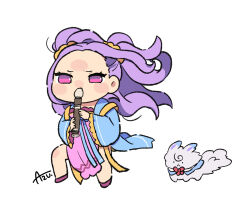 Rule 34 | 1girl, azu (kirara310), blush, chibi, chinese clothes, commission, fate/grand order, fate (series), flute, forehead, forehead blush, fou (fate), hair ornament, hair scrunchie, hanfu, holding, holding flute, holding instrument, instrument, kyoufuu all back (vocaloid), long hair, parody, pink eyes, purple hair, recorder, scrunchie, skeb commission, skipping, solo, wu zetian (fate), yellow scrunchie