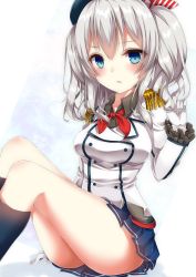 Rule 34 | 10s, 1girl, :o, absurdres, amane tari, beret, black socks, black shirt, blue eyes, blush, bow, breasts, buttons, collared shirt, epaulettes, frilled sleeves, frills, gloves, hat, hat bow, highres, kantai collection, kashima (kancolle), kneehighs, long hair, long sleeves, looking at viewer, parted lips, red ribbon, ribbon, shirt, silver hair, simple background, sitting, socks, solo, thighs, two side up, white background, white gloves