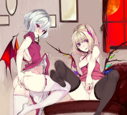 Rule 34 | 2girls, alternate costume, anus, ass, back cutout, bad id, bad pixiv id, bar censor, bat wings, black legwear, blonde hair, breasts, breasts out, camisole, censored, clothes lift, clothing cutout, crystal, dress, dress lift, fakepucco, feet, flandre scarlet, grin, hair ribbon, looking at viewer, mouth hold, multiple girls, nipples, no headwear, no headwear, no shoes, presenting, puffy sleeves, purple eyes, pussy, pussy juice, remilia scarlet, ribbon, short hair, short sleeves, siblings, side ponytail, silver hair, sisters, sitting, sleeveless, small breasts, smile, spread legs, spread pussy, sweat, thighhighs, touhou, vampire, white legwear, wings