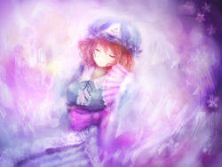 Rule 34 | 1girl, blue theme, blurry, bow, breasts, closed eyes, female focus, flower, gradient background, hand fan, hat, japanese clothes, moekyon, pink hair, purple theme, ribbon, saigyouji yuyuko, short hair, solo, touhou, triangular headpiece, wavy hair, wide sleeves