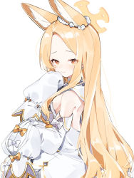 Rule 34 | 1girl, animal ears, blonde hair, blue archive, breasts, cruciform halo, deitaku, detached sleeves, fox ears, halo, highres, long sleeves, looking at viewer, school uniform, seia (blue archive), sideboob, simple background, sleeves past fingers, sleeves past wrists, small breasts, smile, solo, white background, yellow eyes
