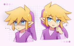 Rule 34 | ..., 1boy, :d, blonde hair, blue eyes, closed mouth, color guide, commentary, english commentary, enni, frown, hair between eyes, hand up, hat, highres, link, long sleeves, looking at viewer, male focus, multiple views, nintendo, open mouth, pointy ears, purple background, purple headwear, purple shirt, purple tunic, shaded face, shirt, short hair, sidelocks, simple background, smile, sparkle, teeth, the legend of zelda, the legend of zelda: four swords, tunic, upper body, upper teeth only, v-shaped eyebrows